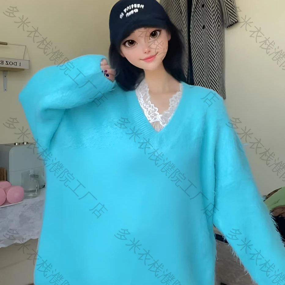 【二姐专属】靓色2025温柔中长款慵懒秋冬季V领oversize女针织毛衣