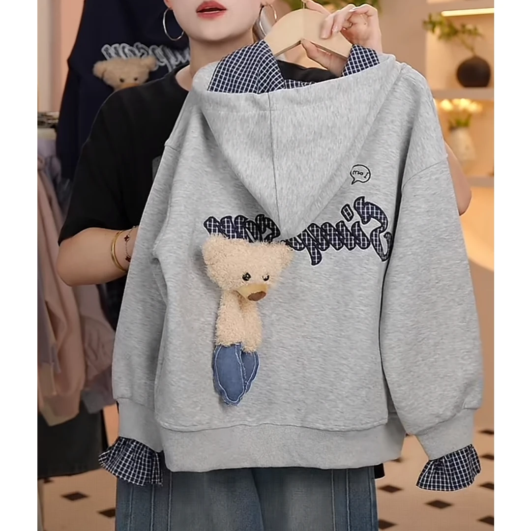 女童连帽小熊外套2025春秋季新款儿童洋气休闲夹克上衣两件套童装