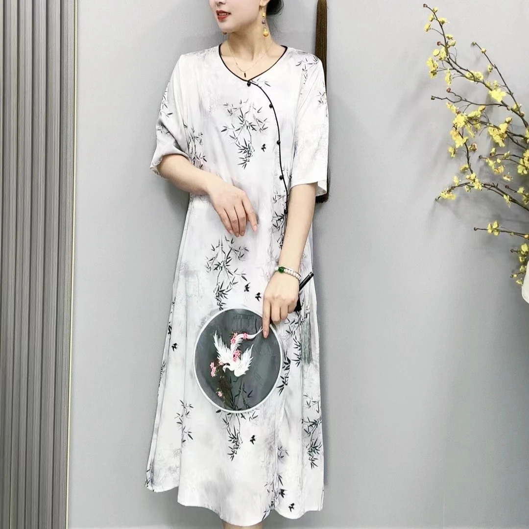 谦谦定制YJ5587夏竹清新妈妈装气质立领抽绳遮肉显瘦印花连衣裙