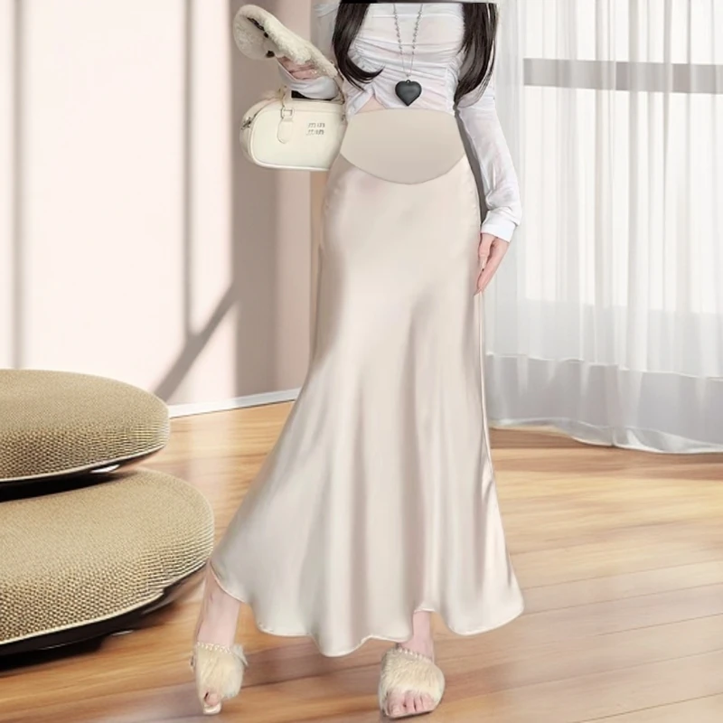 【香槟色】【加厚春秋款】孕妇装垂顺质感遮胯宽醋酸缎面鱼尾半身长裙