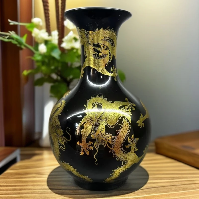 【厂长瓷业】景德镇陶瓷黑色水晶釉龙纹赏瓶小