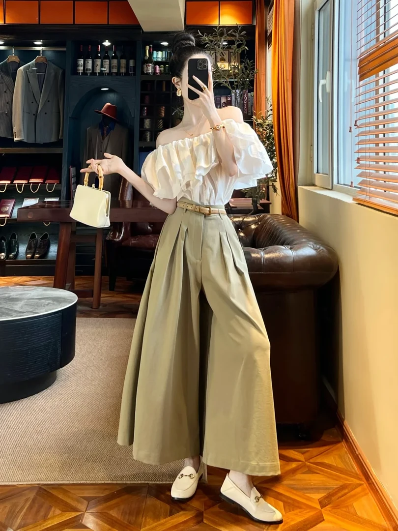 大方得体穿搭高级感独特绝美小香风白色荷叶边衬衫阔腿裤套装女夏