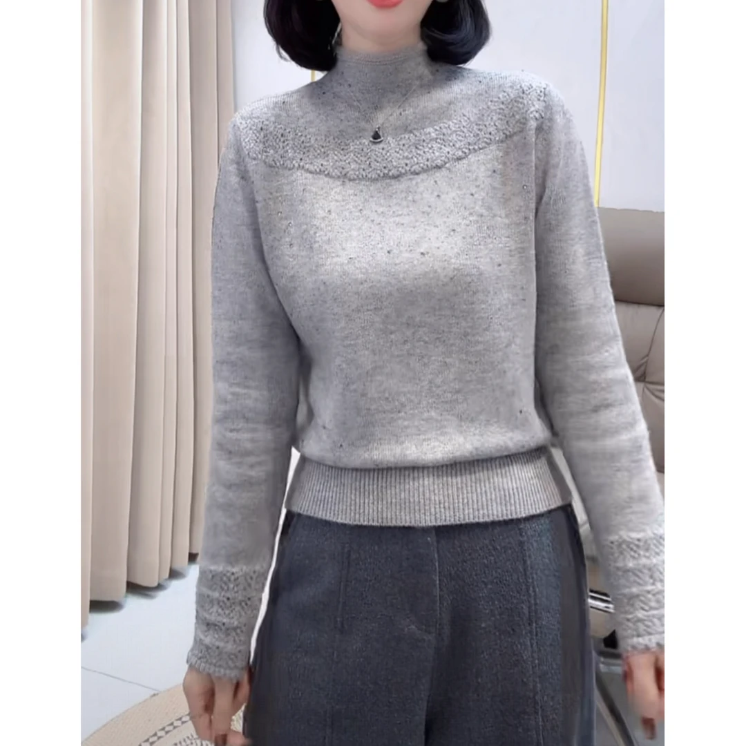 2025秋冬新款保暖内搭毛衣半高领打底衫温柔风重工烫钻长袖针织衫