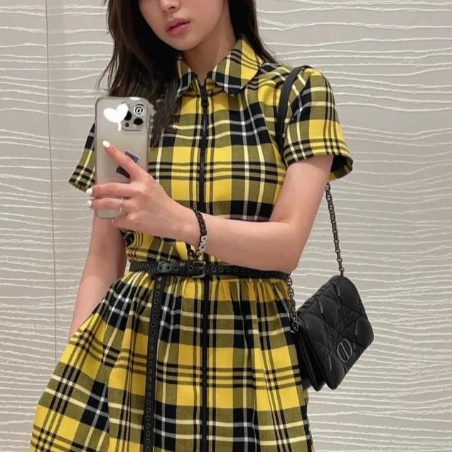 全新未使用 DIOR/迪奥 格纹拉链收腰短袖连衣裙 黄色/34/40