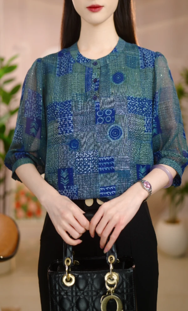 2025新款蓝色优雅气质典雅衬衫春夏款B-015