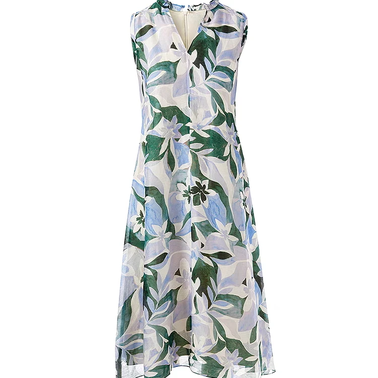 【朗】夏季新款气质印花V领收腰无袖连衣裙-LZ006