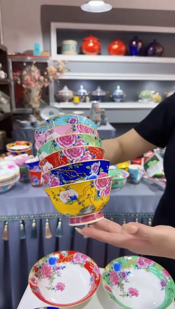 珐琅4.7英寸花口碗6个景德镇陶瓷混色
