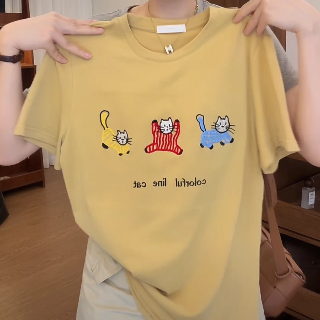 三只小猫正肩短袖T恤女2025新款夏季字母休闲百搭时尚可爱上衣