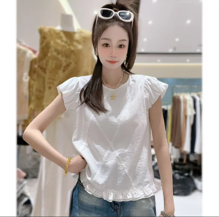 【三懿服饰】2025新款下摆荷叶边圆领小衫-25110