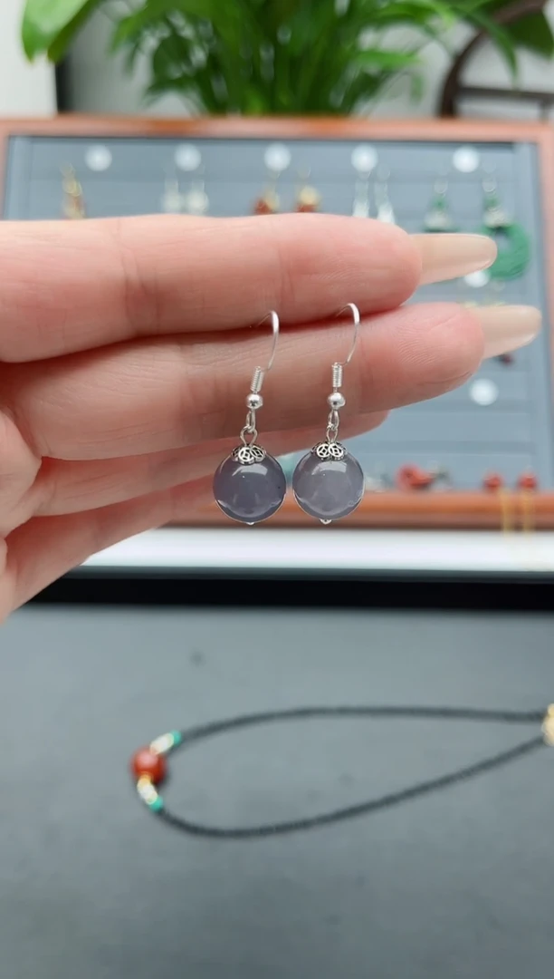 【闪购商品】玛瑙/玉髓耳饰银S925镶嵌808灰单珠