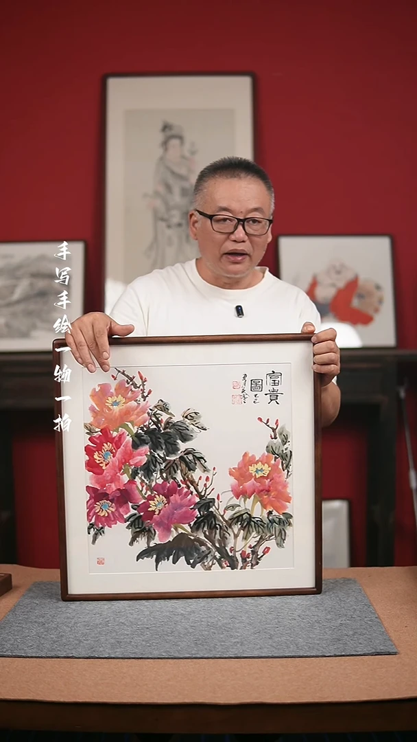 国画手绘-52*52实木框花鸟