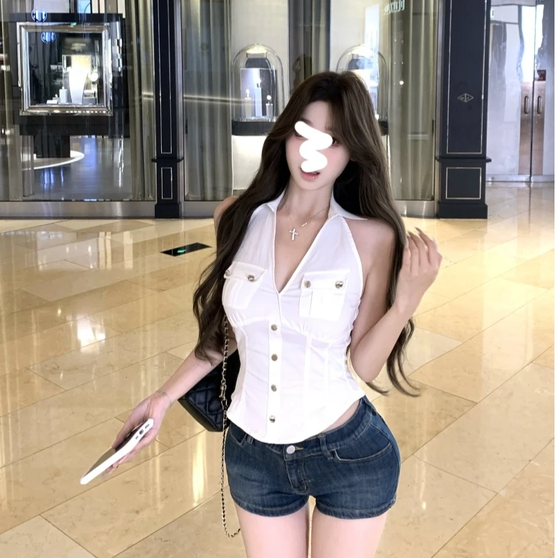 设计感POLO领V字挂脖背心女夏季收腰显瘦鱼骨无袖上衣