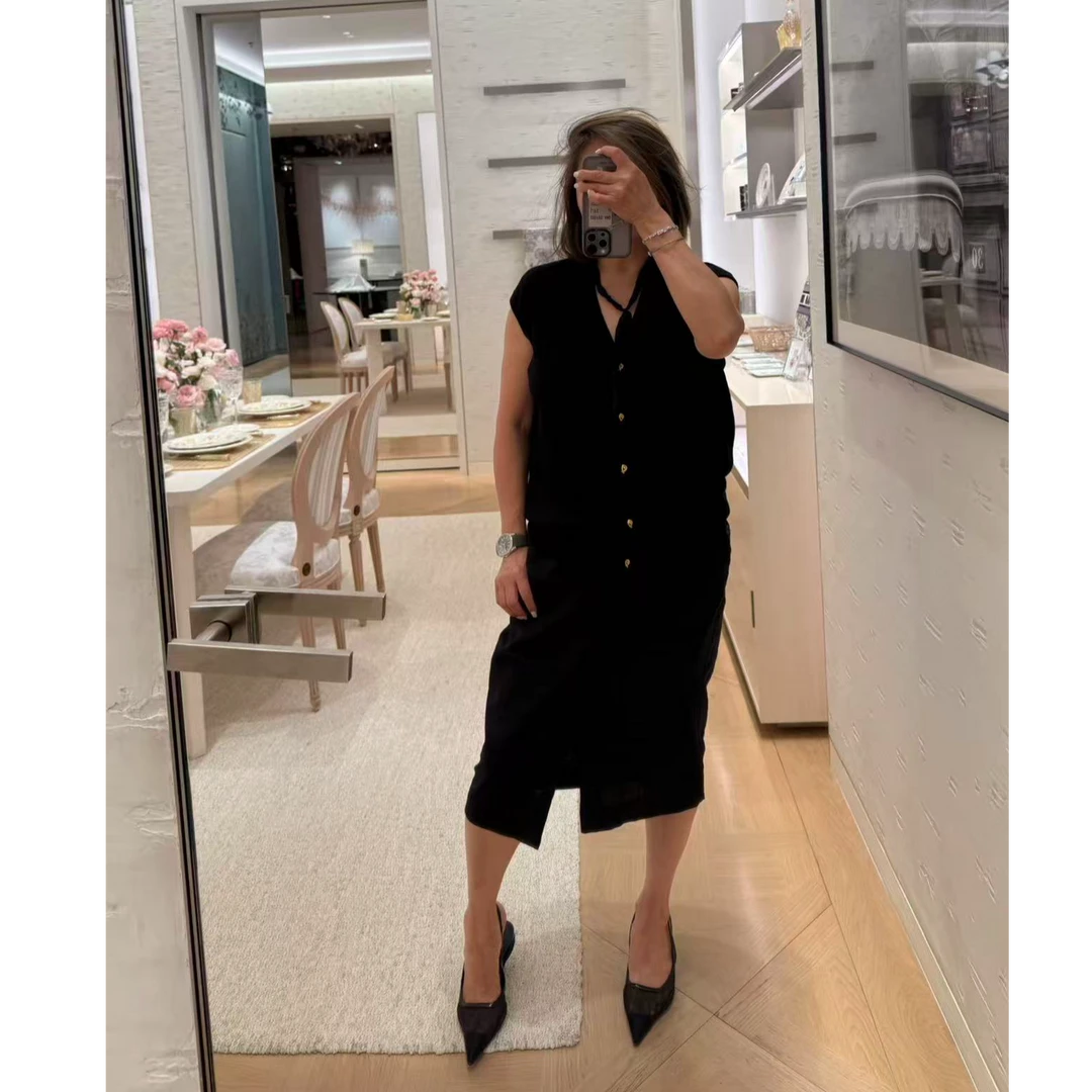 COCOLINDA 100%亚麻三色工装前开叉松紧腰半身裙Q3176