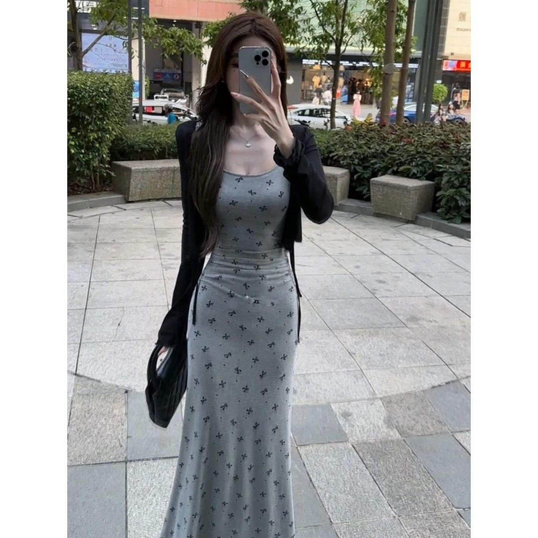 长袖女款纯欲风针织开衫吊带连衣裙套装女夏季新款感显瘦鱼尾长裙