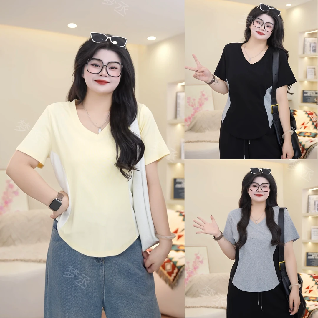 梦丞【色彩碰撞】大码女装夏季V领高级感撞色气质收腰显瘦短袖T恤女