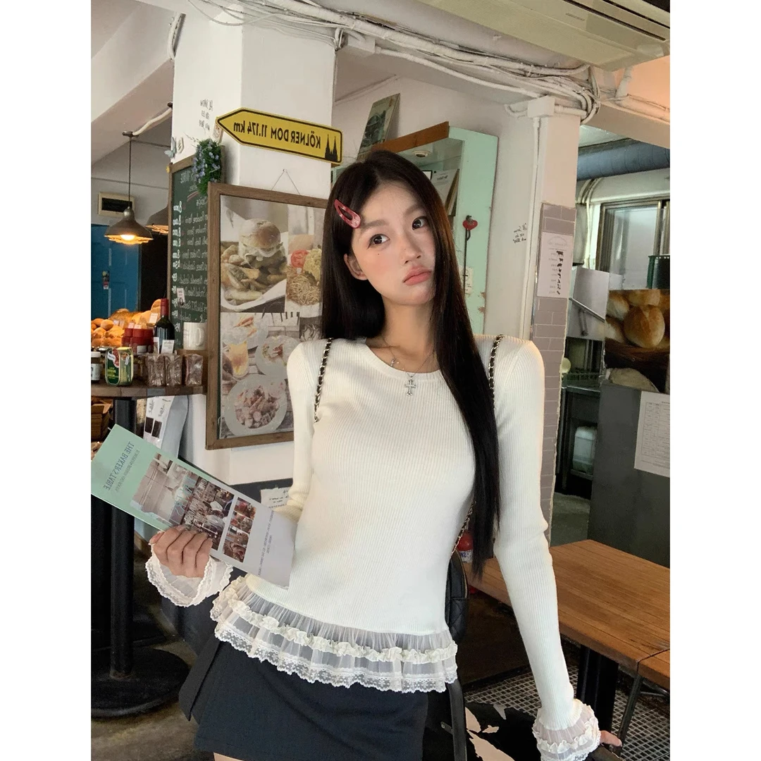 纯欲蕾丝拼接上衣女显瘦打底衫 Q 9252#