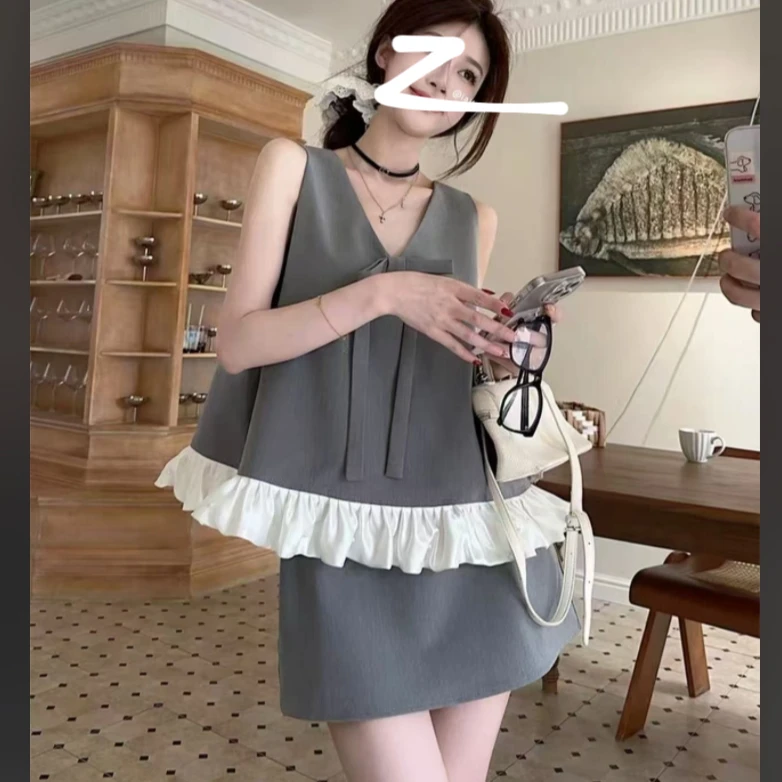 【柚子2件套】YY夏季韩系时尚蝴蝶结V领无袖上衣+短裙{2套装]