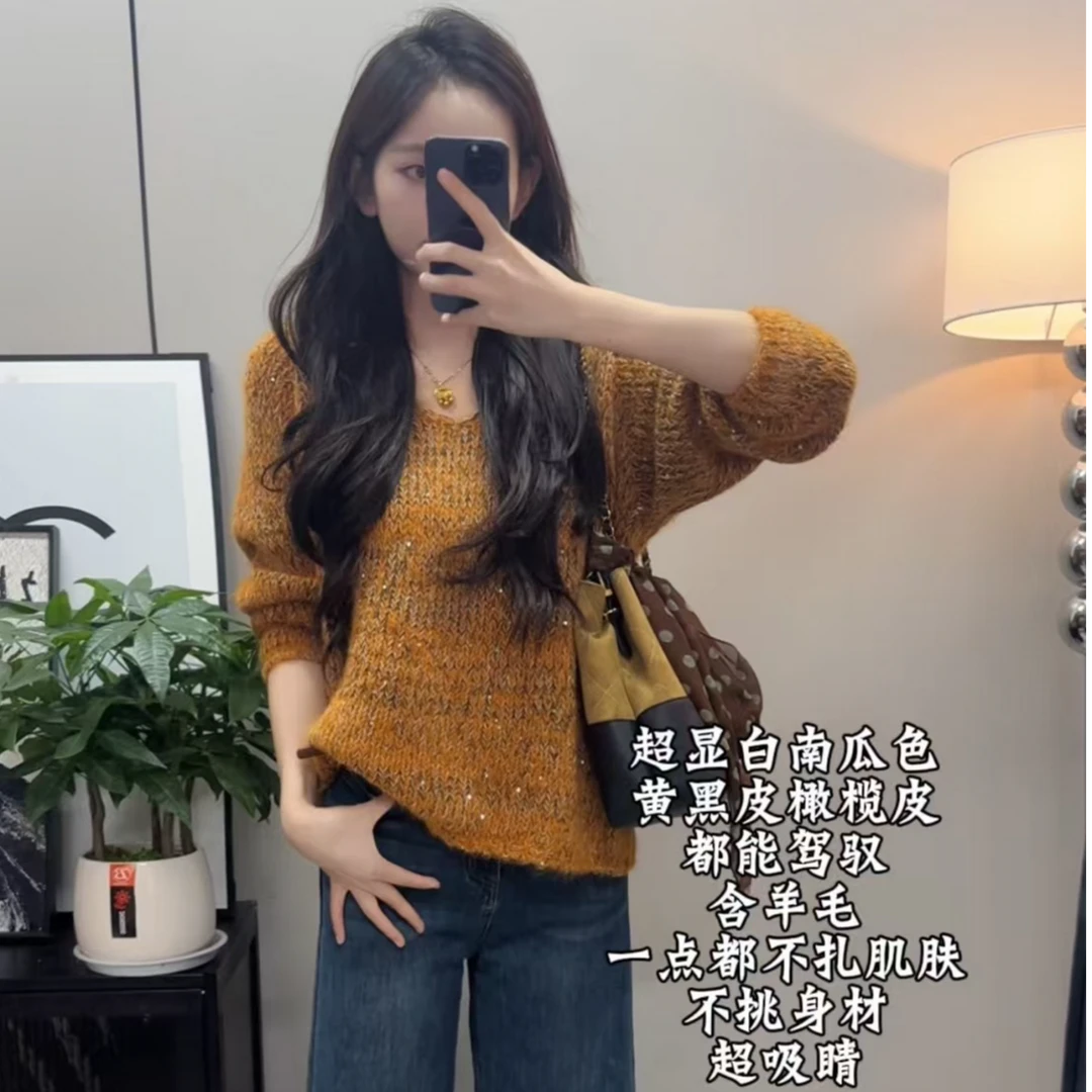 复古慵懒风韩系宽松减龄2025新款羊毛加厚宽松套头V领针织衫上衣