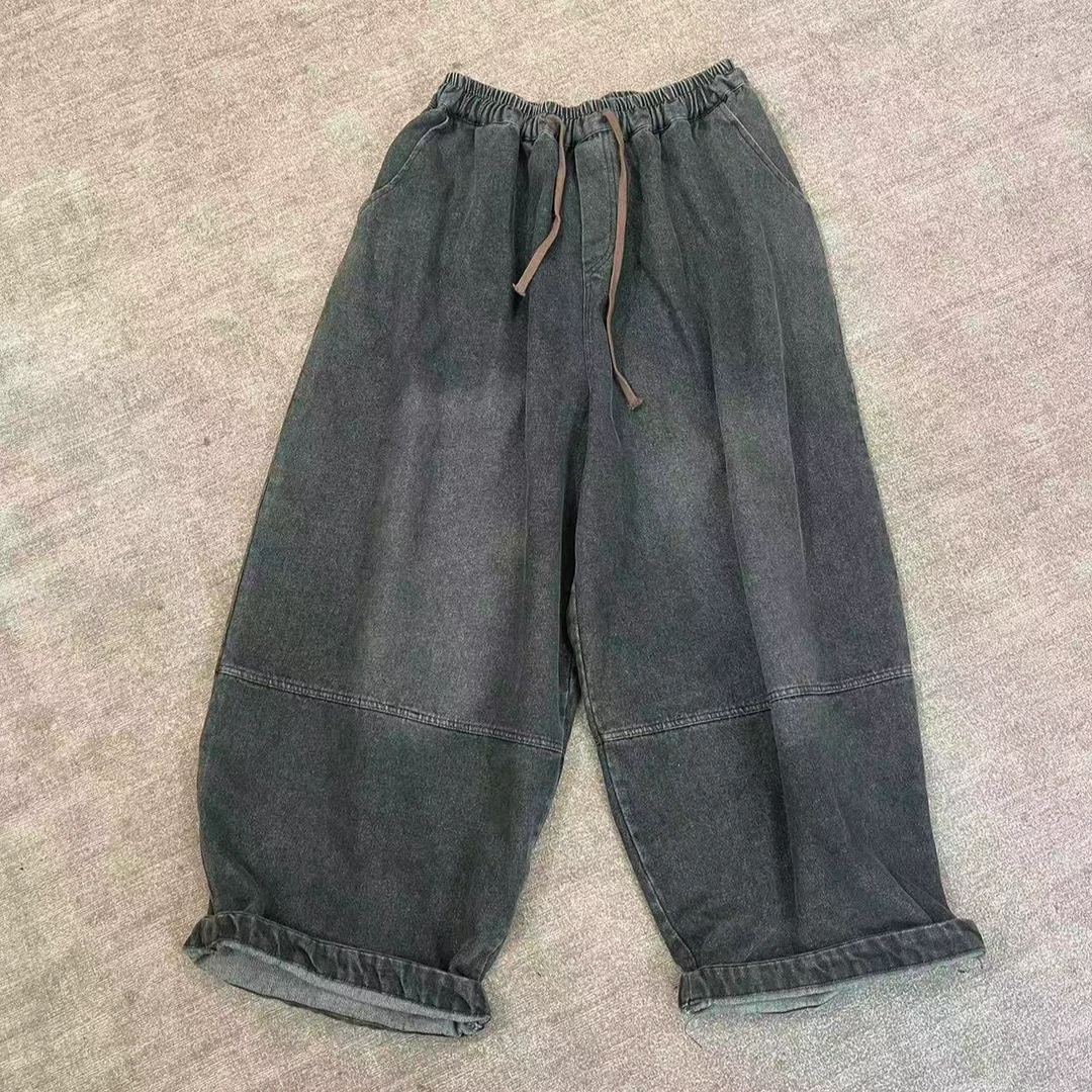 安然9919 秋季中厚春秋款水洗女做旧牛仔裤长裤纯色抽绳