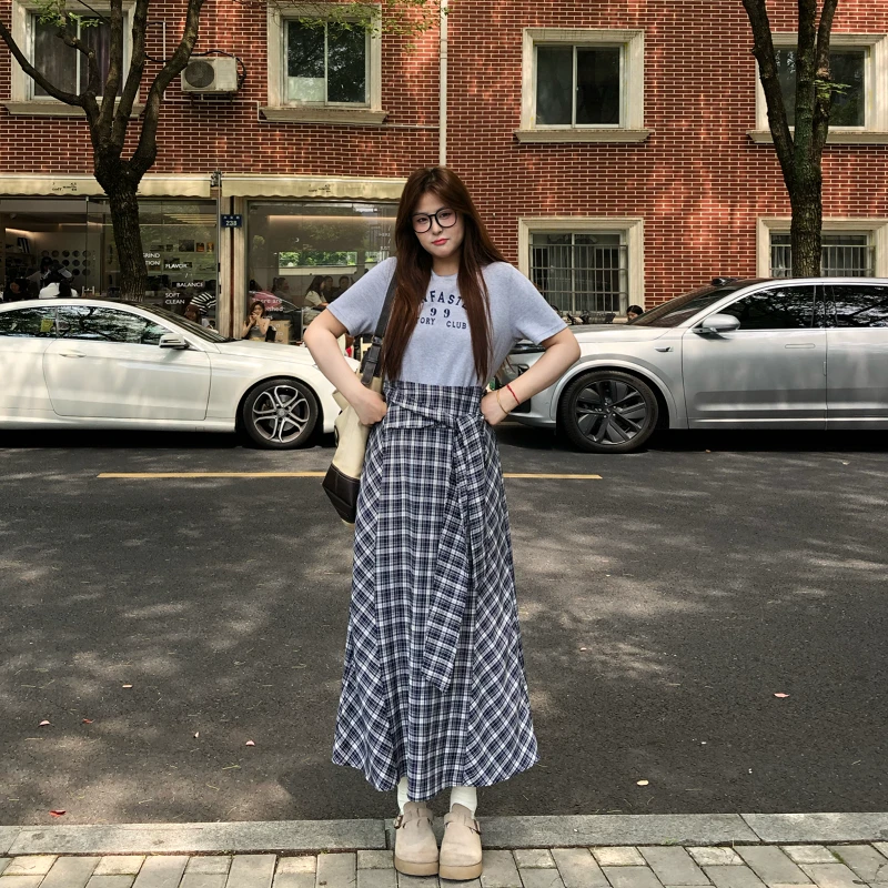 盈盈&南岛风大码女装字母格子绑带连衣裙夏季胖mm宽松长裙ZYY1820