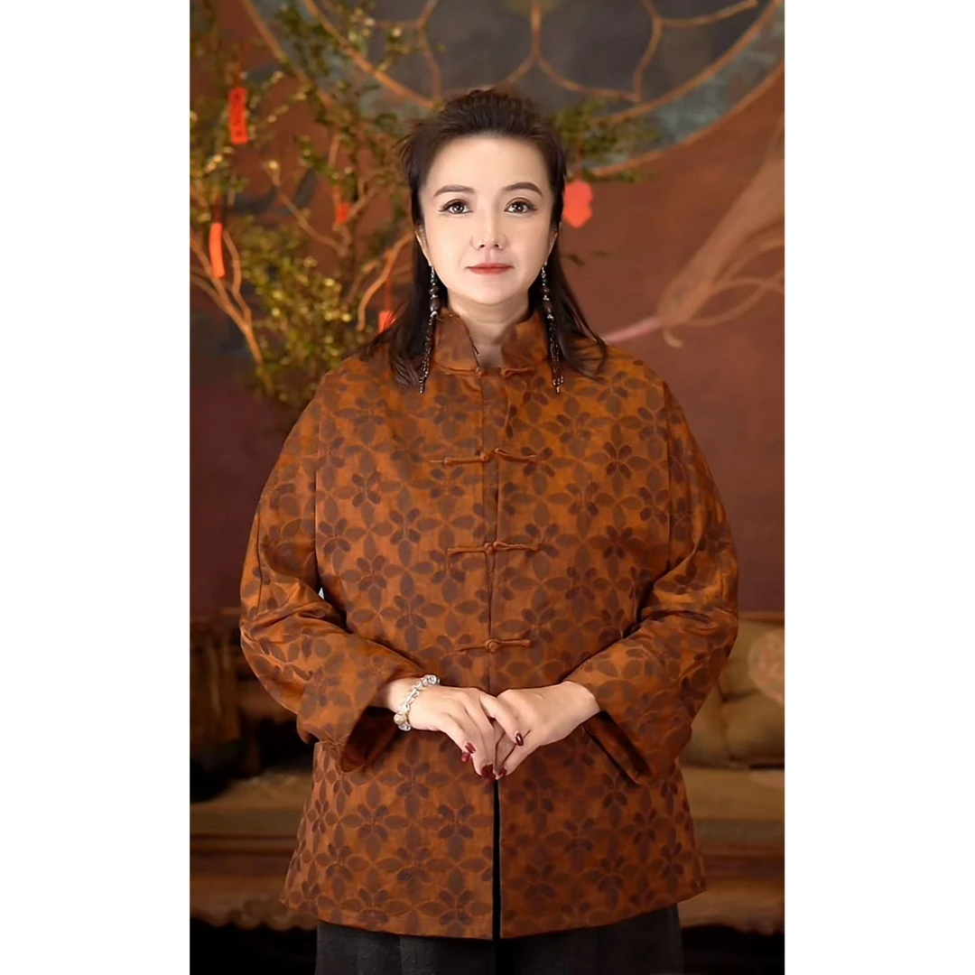 爱上莲心香云纱橘色油丝提花幸运四叶草对襟盘扣上衣 老钱风国风