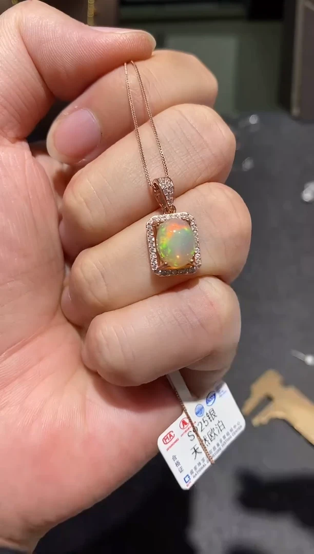 银S925镀金镶嵌欧泊颈饰吊坠