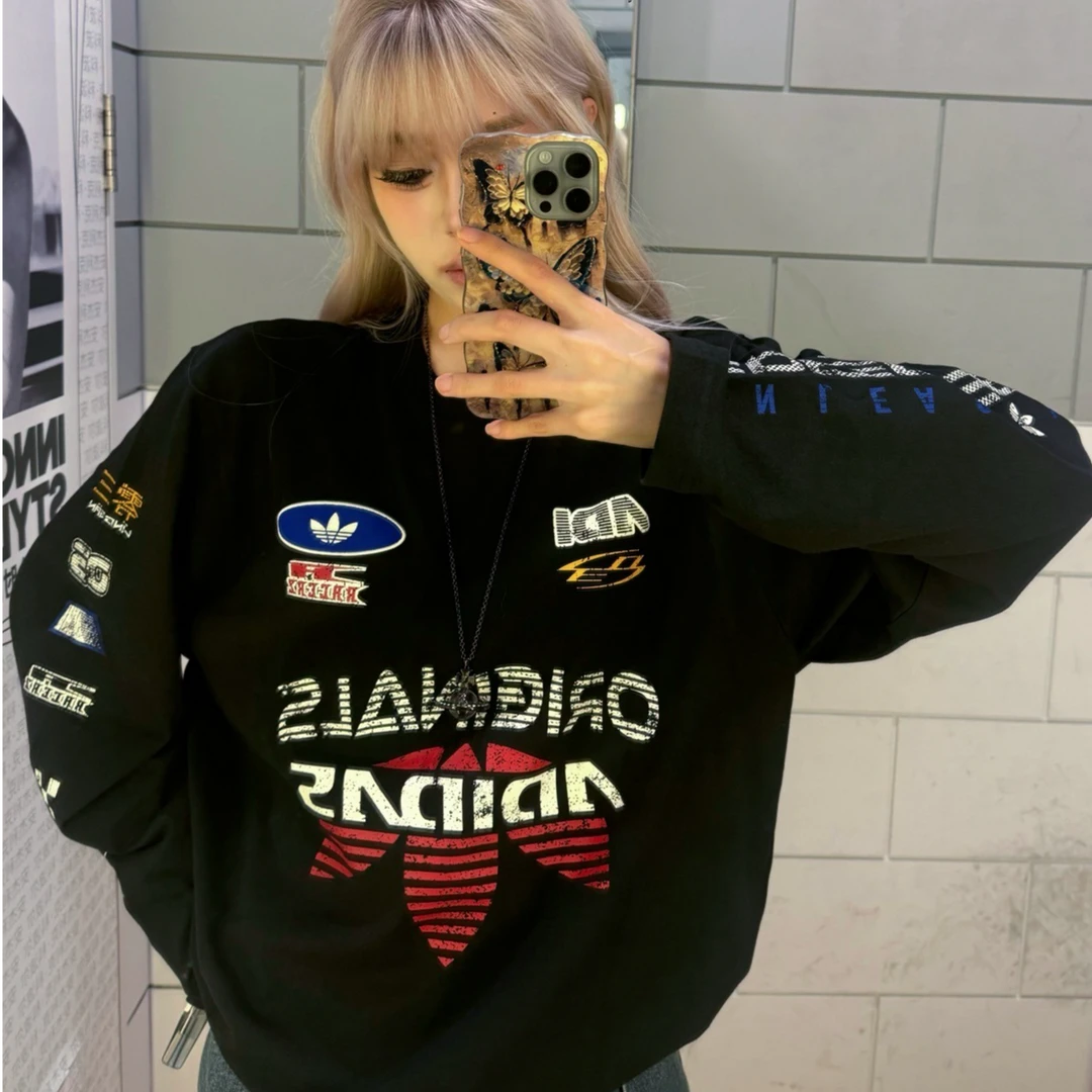 Adidas三叶草MOTO LONGSLEEVE赛车风纯棉运动宽松长袖T恤KH1199