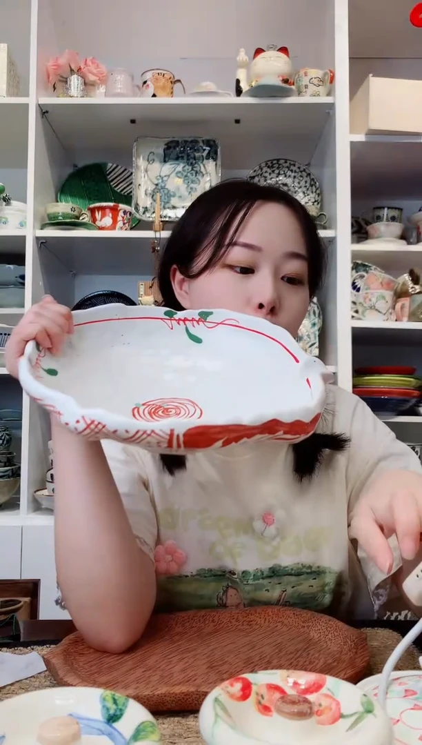 陶瓷濑户烧手绘赤绘尖嘴碗26.5cm