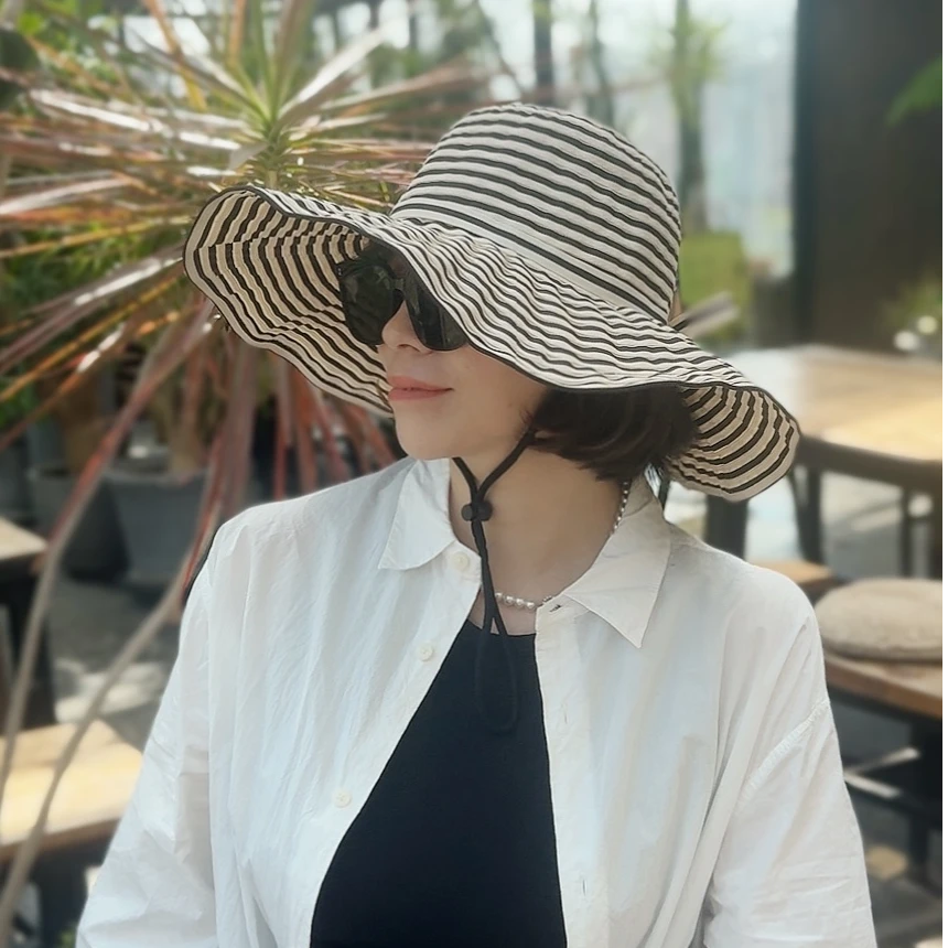 spany韩国大檐遮阳帽子女蝴蝶结夏优雅防晒可折叠防风出游渔夫帽