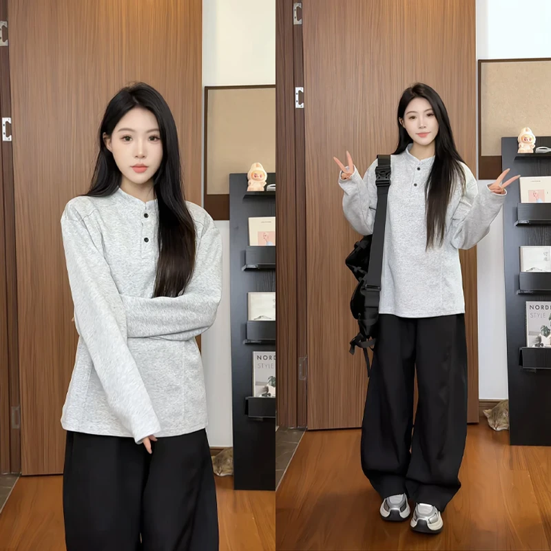 亨利领正肩拼接长袖T恤男款秋季美式高街重磅卫衣cleanfit打底衫