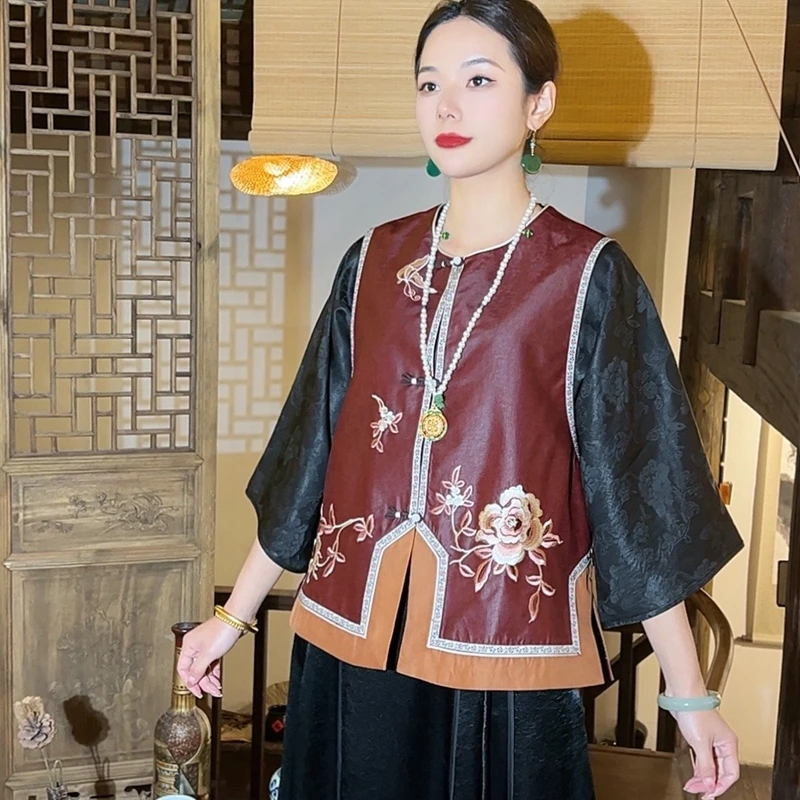 【若晴】锦莨香云纱新中式马甲新款刺绣背心中国风宽松复古刺绣夏季