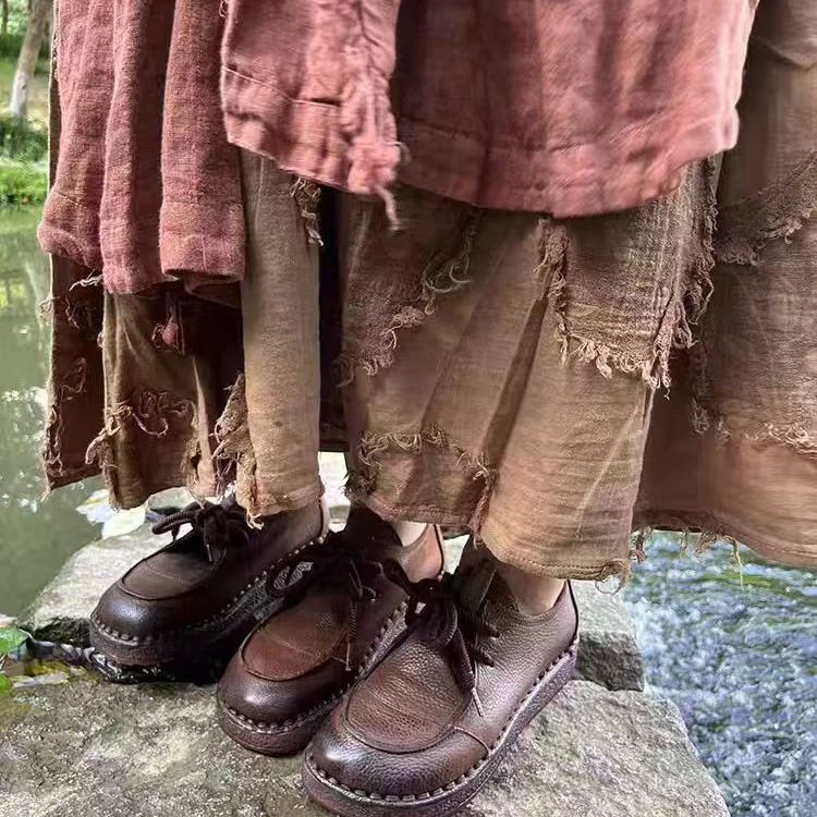 厚底软牛筋头层牛皮复古手工上线舒适休闲鞋