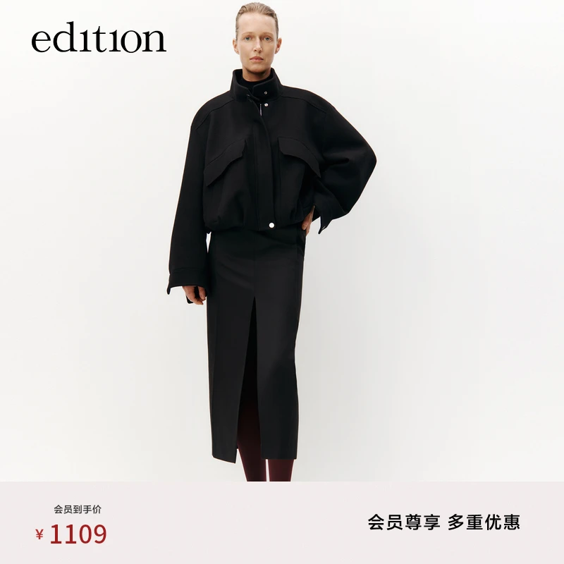 【商场同款】edition黑色工装风短款绵羊毛呢外套#EBC3COT015
