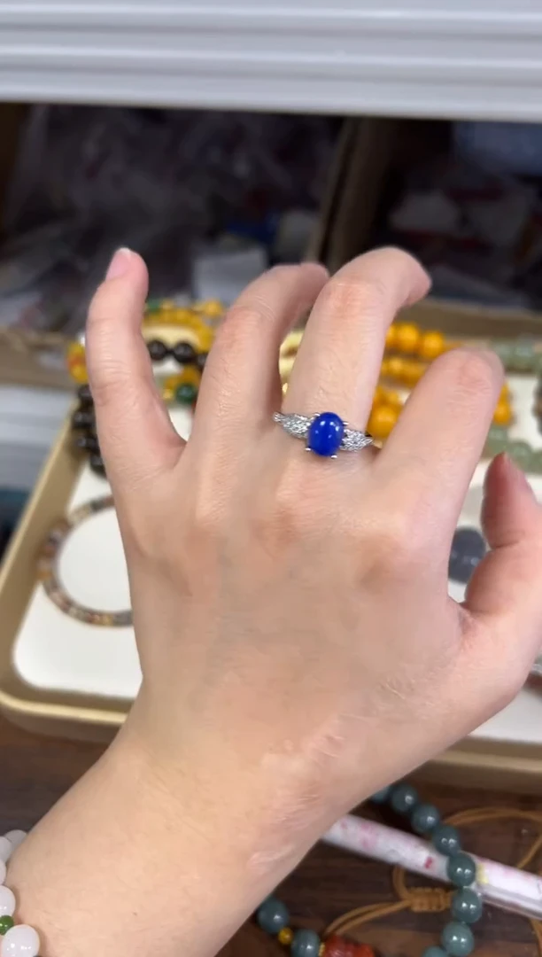 未镶嵌青金石戒指青金石小蛋面银色托镶嵌戒指[69]