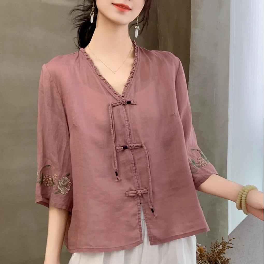 2025春夏新中式盘扣国风刺绣衬衫女宽松复古禅意茶服开衫上衣