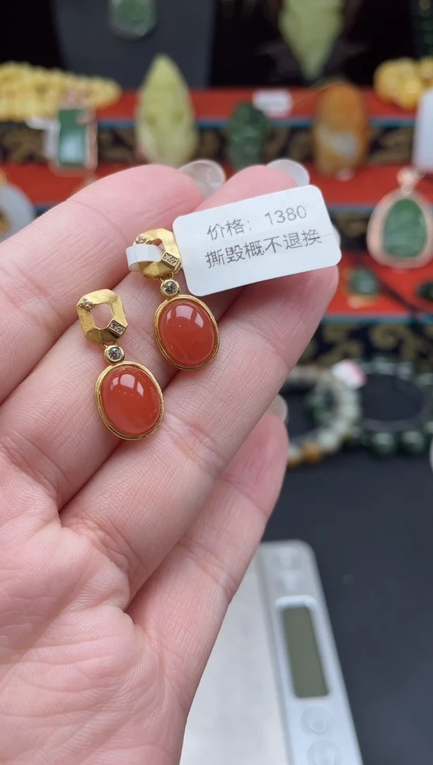 银S925镶嵌南红玛瑙耳饰xh014多样性发其一