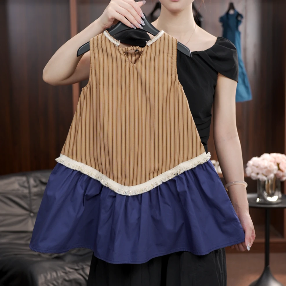 2025女童夏季条纹纯棉小众连衣裙结拼接百搭无袖夏季女童裙子