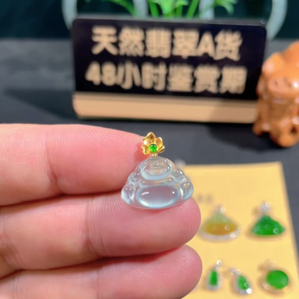 天然翡翠a货冰种佛公18K金镶 揭阳精工雕 抖音基地质检多样性发货