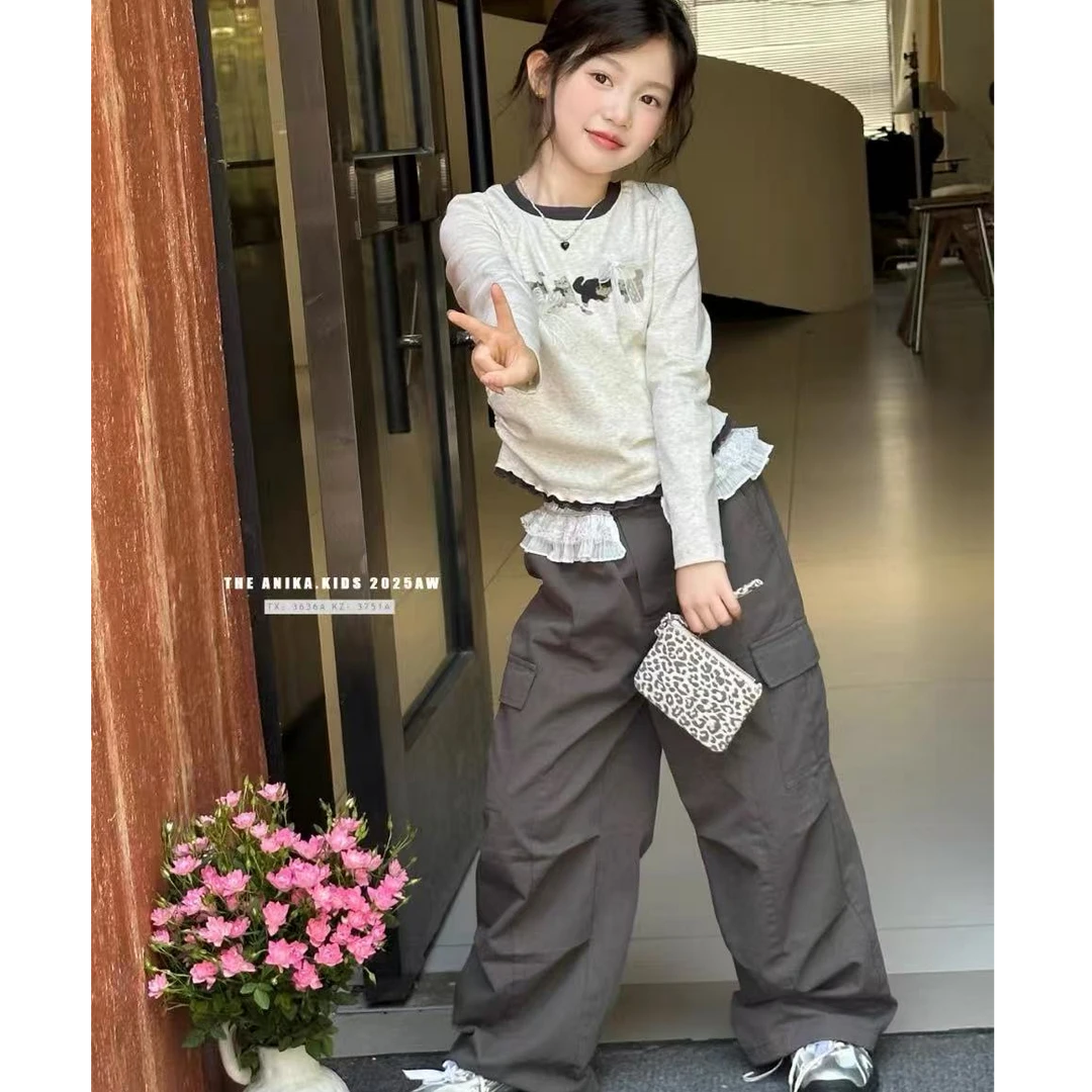 【现货】女童秋季新款套装洋气蝴蝶结长袖上衣工装裤女宝宝两件套