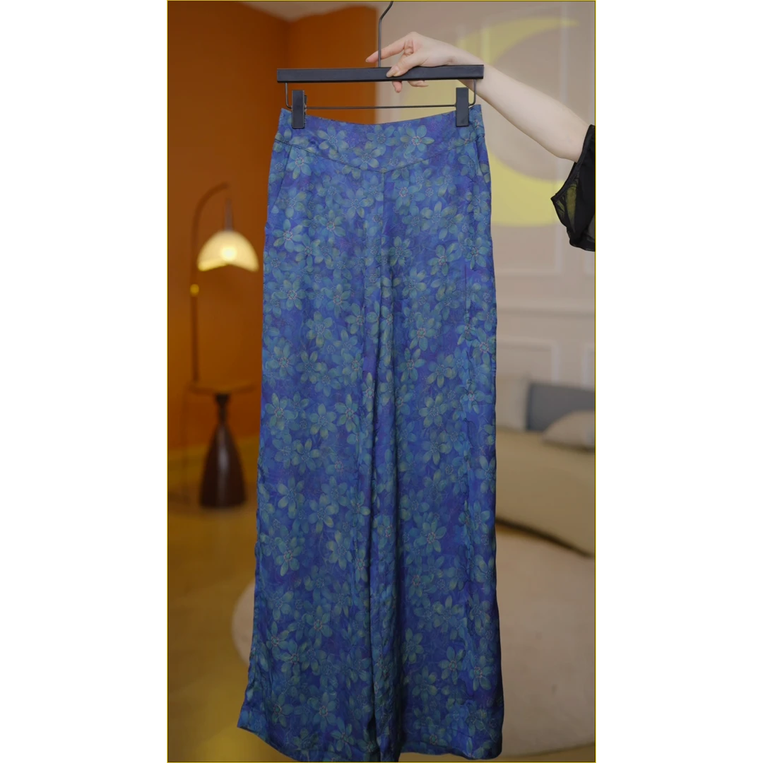 蓝花夏季新款高腰气质百搭阔腿裤（XH69/八月/芳/锋）