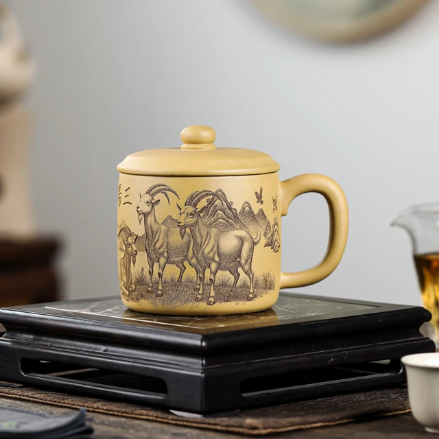 紫砂杯黄段泥老板杯盖杯泡茶杯加厚家用茶杯三阳开泰杯办公杯