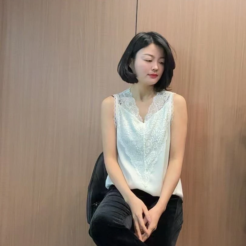 【TANTAN】时尚简约蕾丝边真丝背心#634