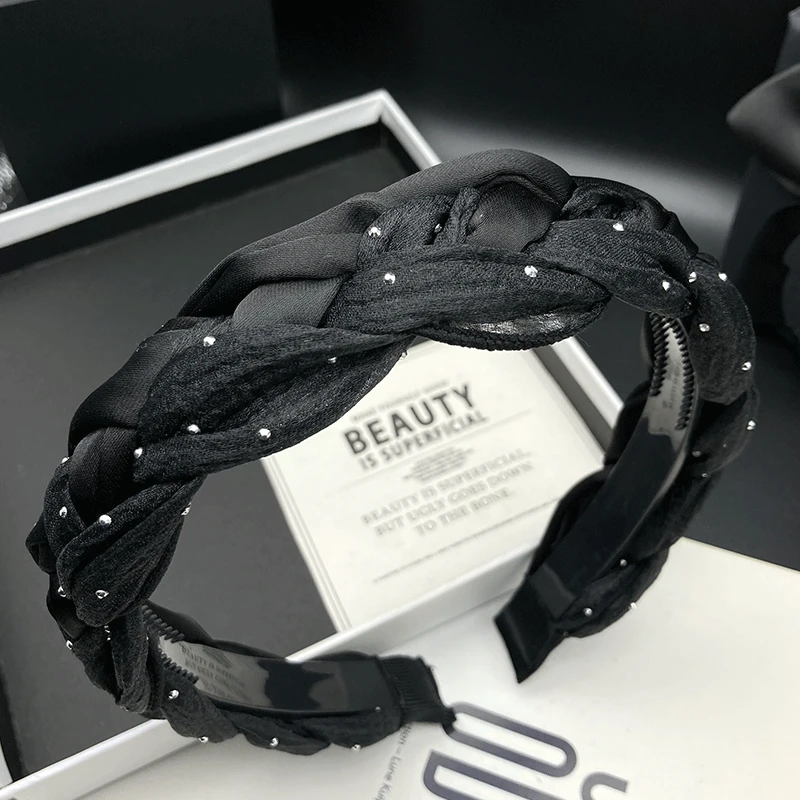 新款带齿发箍女士百搭缎面头箍网纱编织瑞丽风欧美风黑色外出简约