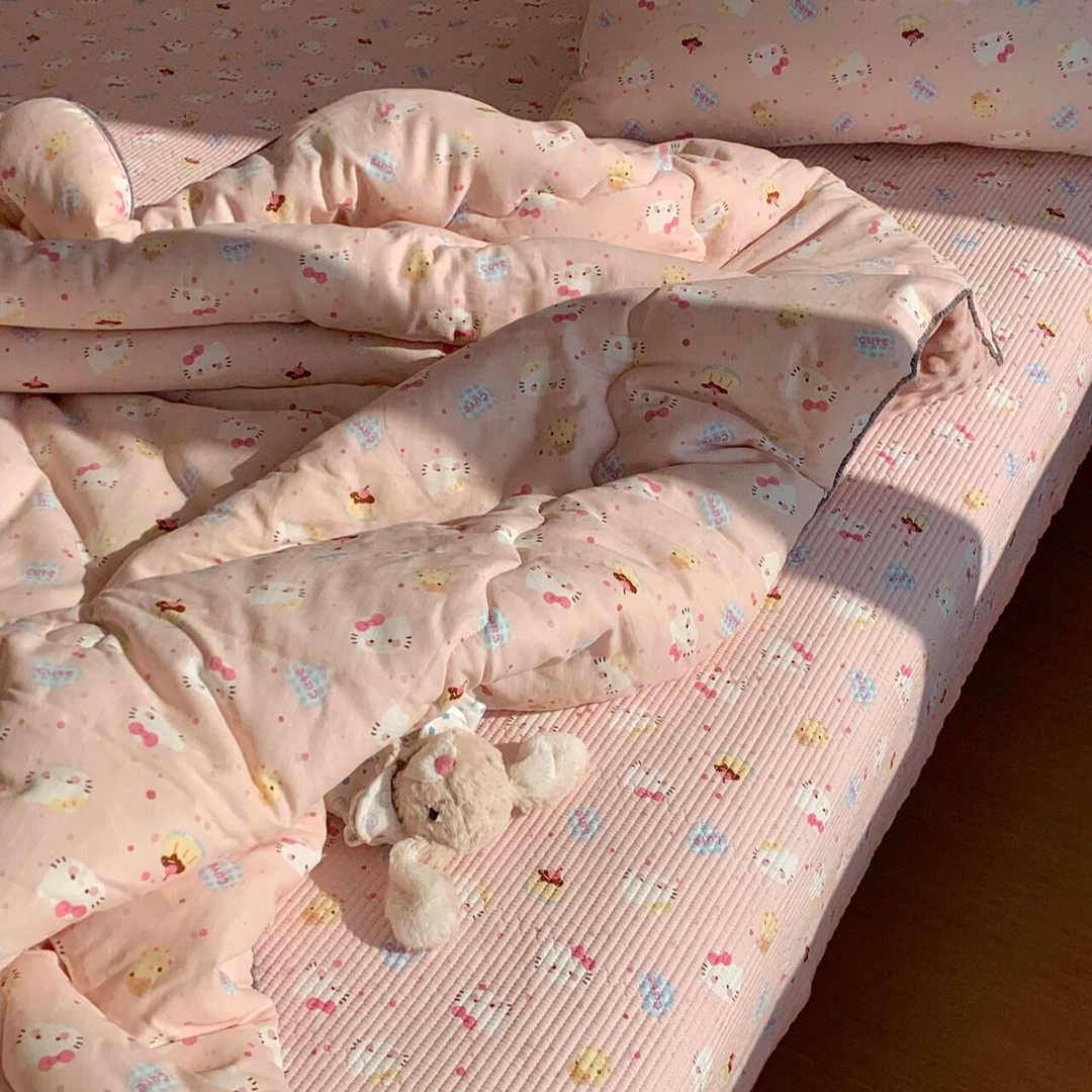 【粉色猫咪】单人三件套A类超柔针织水洗棉不起球不掉色不滑床