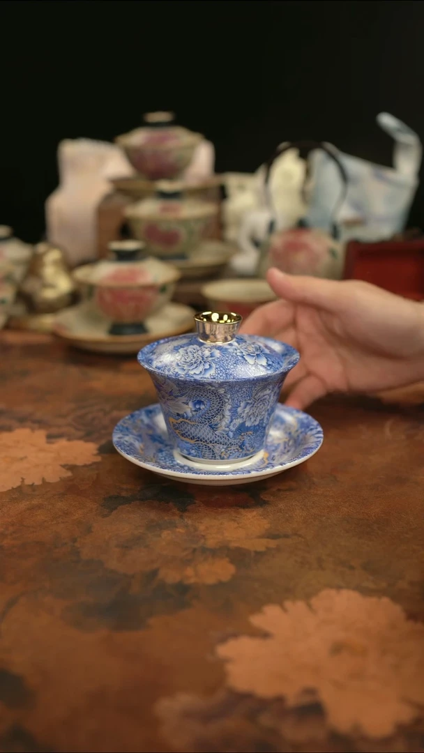 摩吉陶陶闪拍链接 青花龙纹三才盖碗