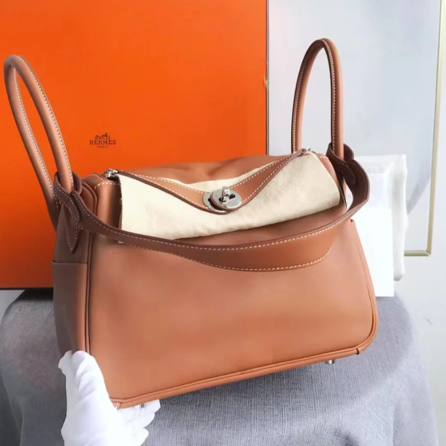 99新 Hermes/爱马仕 Lindy迷你金棕拼黄扣斜跨包/z刻/48777