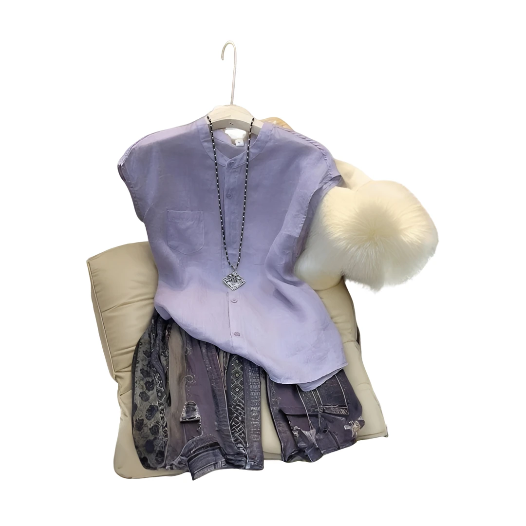 复古文艺苎麻紫色立领无袖小衫女2025夏季宽松纯色洋气设计感上衣