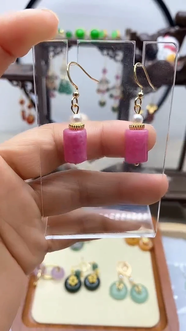 菱锰矿（红纹石）14K金镶嵌耳饰71