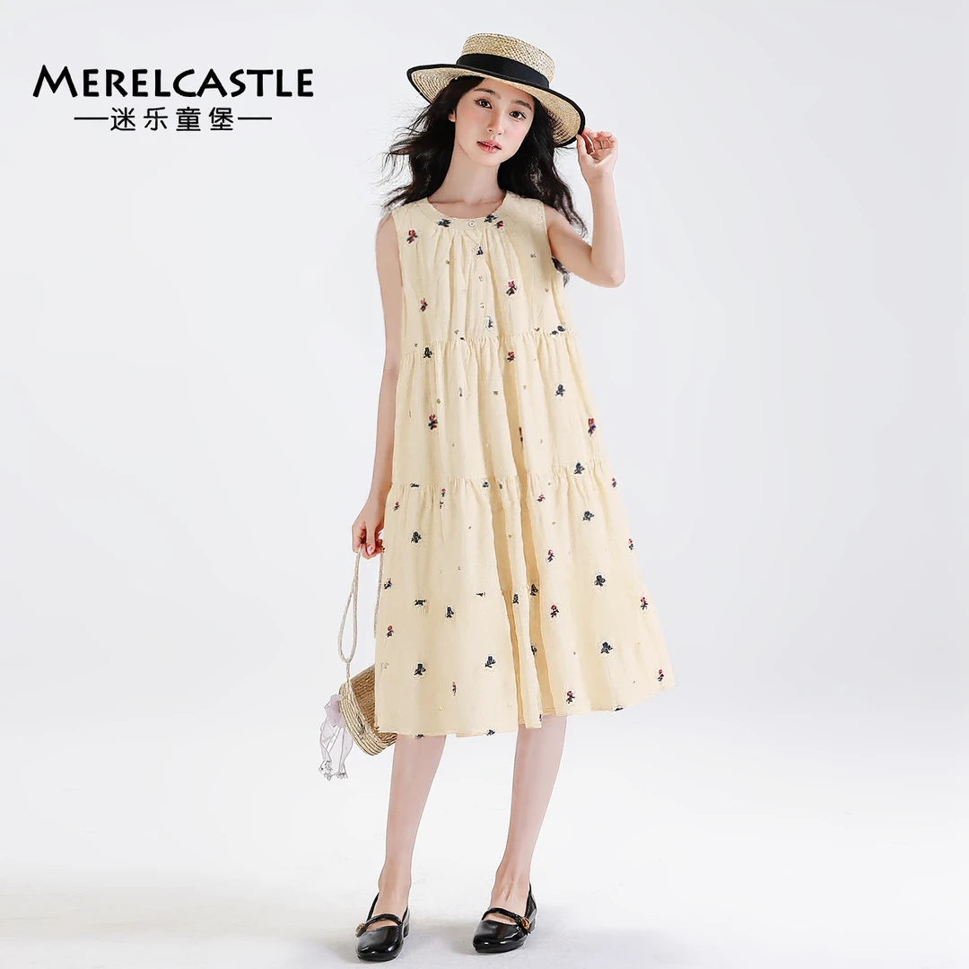 C5610初中生2025夏季新款女大童刺绣花朵连衣裙青少年时尚洋气