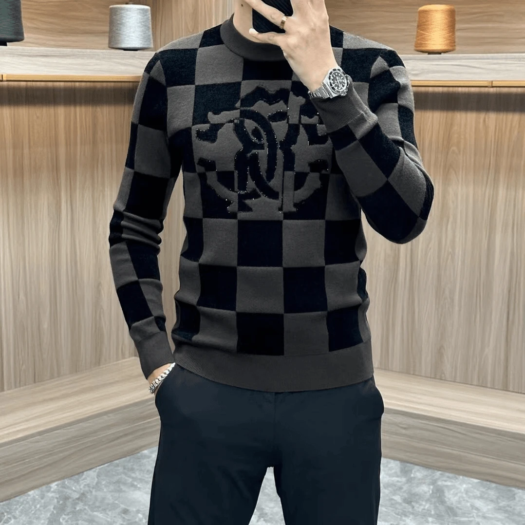 冬季新款时尚男士修身加厚烫钻圆领高端气质毛衣